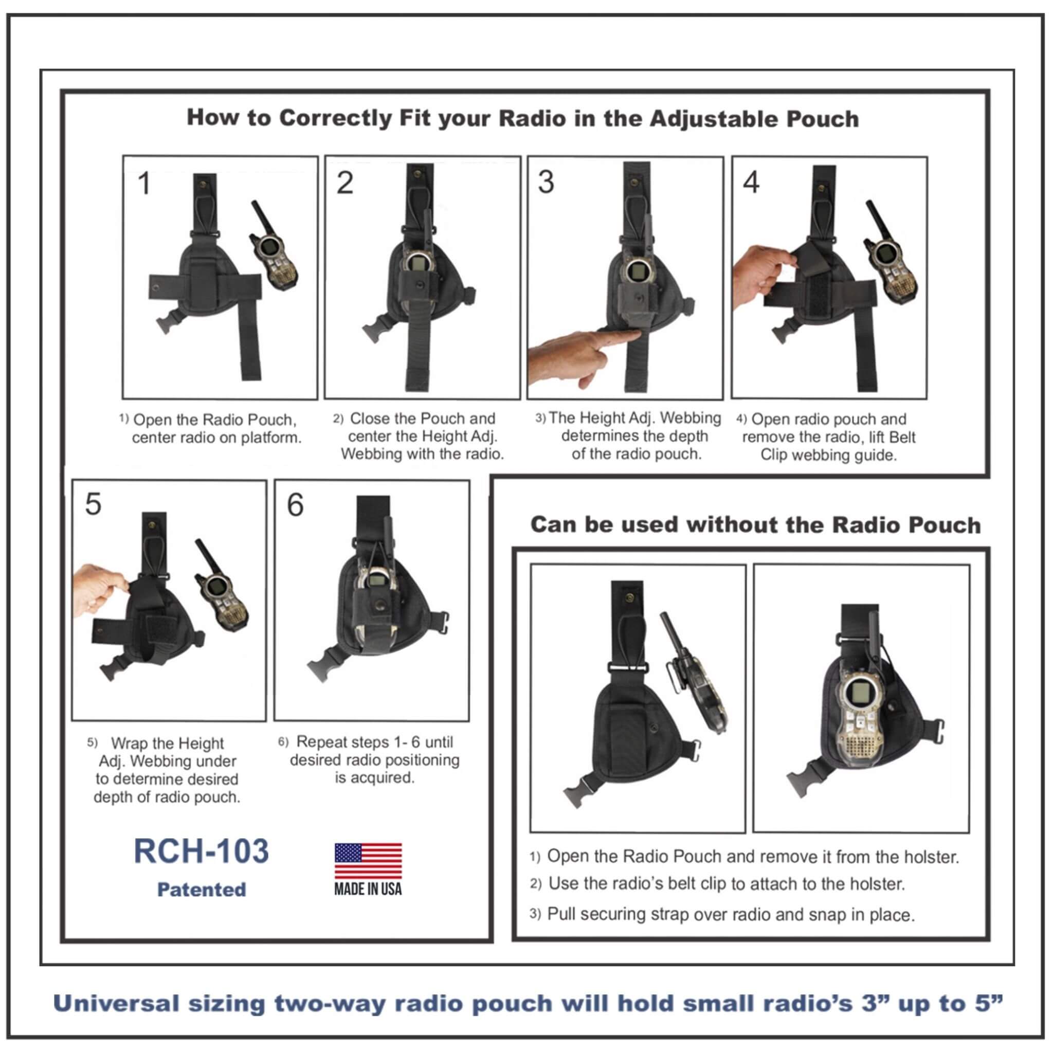 Instructions on how to correctly fit a radio in an adjustable RCH-103 pouch with labeled steps and product details.