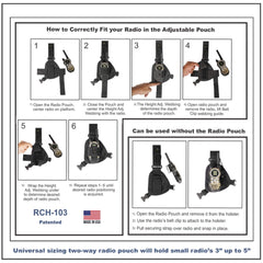 Instructions on how to correctly fit a radio in an adjustable RCH-103 pouch with labeled steps and product details.