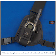 Black two-way radio RCH-103 pouch with straps on a blue background