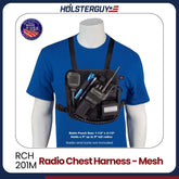 Radio chest harness 201M on a mannequin with Holsterguy branding