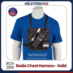 Radio chest harness 201S on a mannequin with blue shirt and HolsterGuy branding.