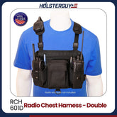 Radio chest harness 601D on a mannequin with 'HOLSTERGUY' branding and 'Made in USA' badge.