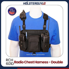 Radio chest harness 601D on a mannequin with 'HOLSTERGUY' branding and 'Made in USA' badge.