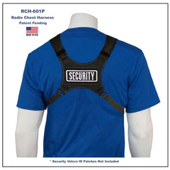 Back view of a blue shirt with black 'SECURITY' radio chest harness on a mannequin, made in USA.