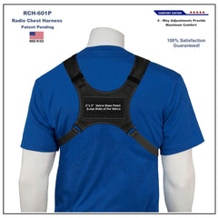 Back view of a black radio chest harness 601P on a blue shirt showing velcro base patch with product details on a white background