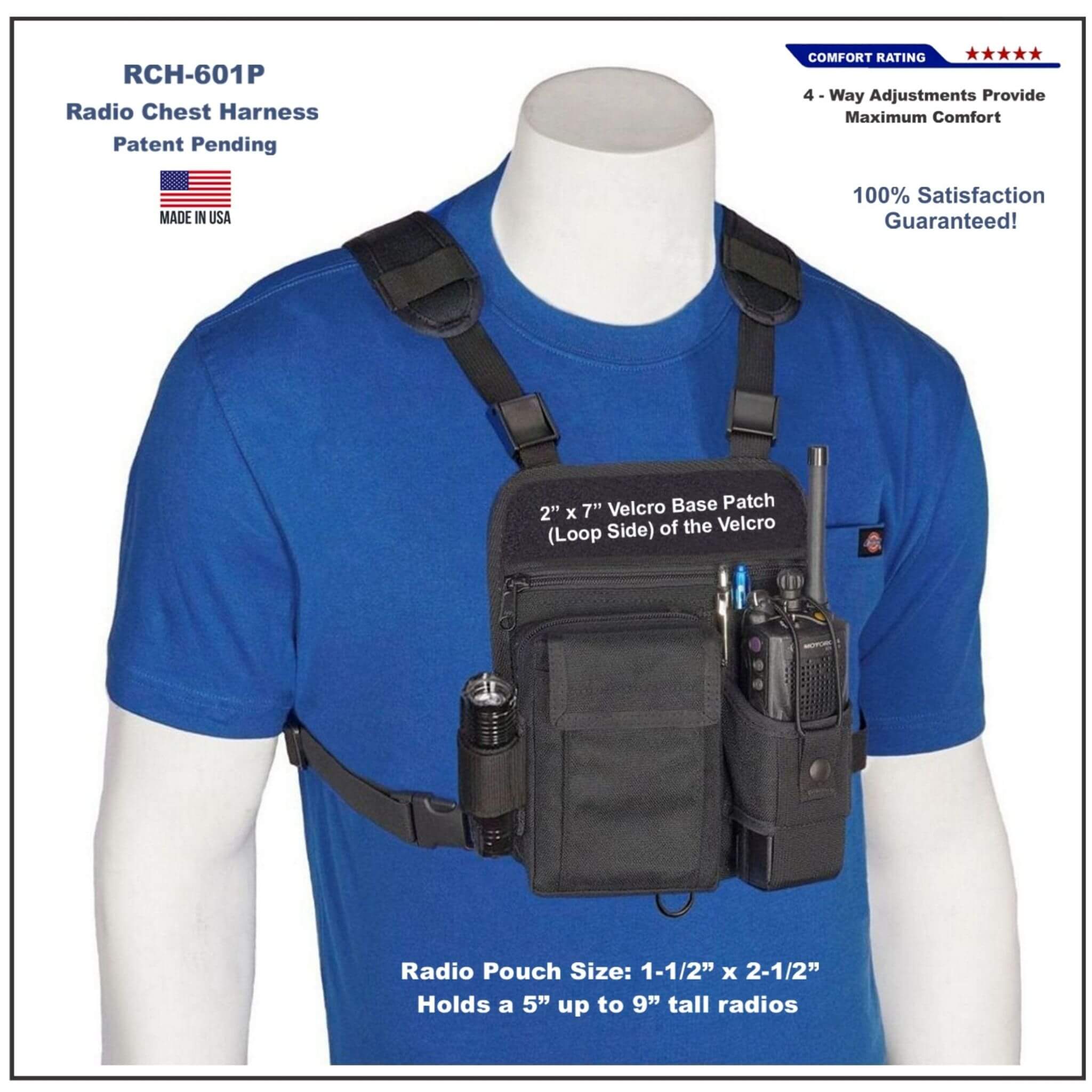 Radio chest harness 601P on a mannequin with product details and branding.