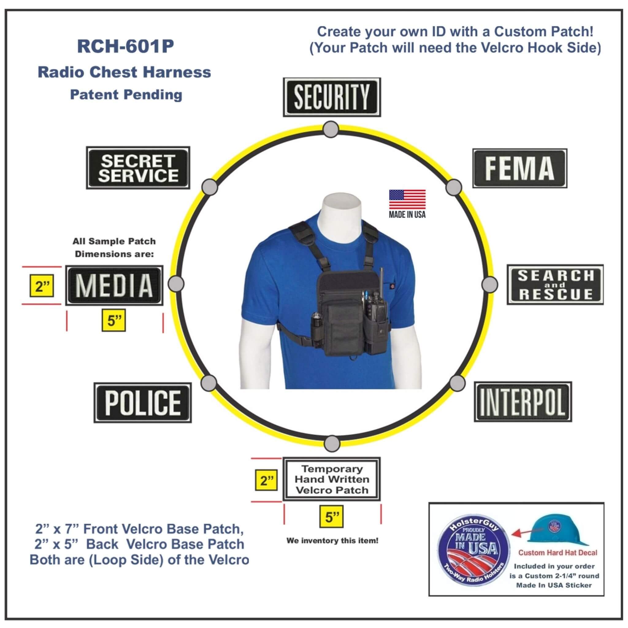 Radio chest harness 601P with customizable patches on a white background