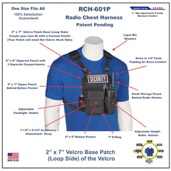 Radio chest harness 601P with features labeled on a blue shirt