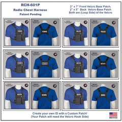 Radio chest harnesses 601P with customizable patches on blue shirts, displayed on mannequins.