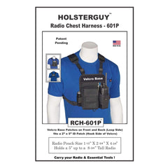 HolsterGuy Radio Chest Harness 601P on a mannequin with product details.