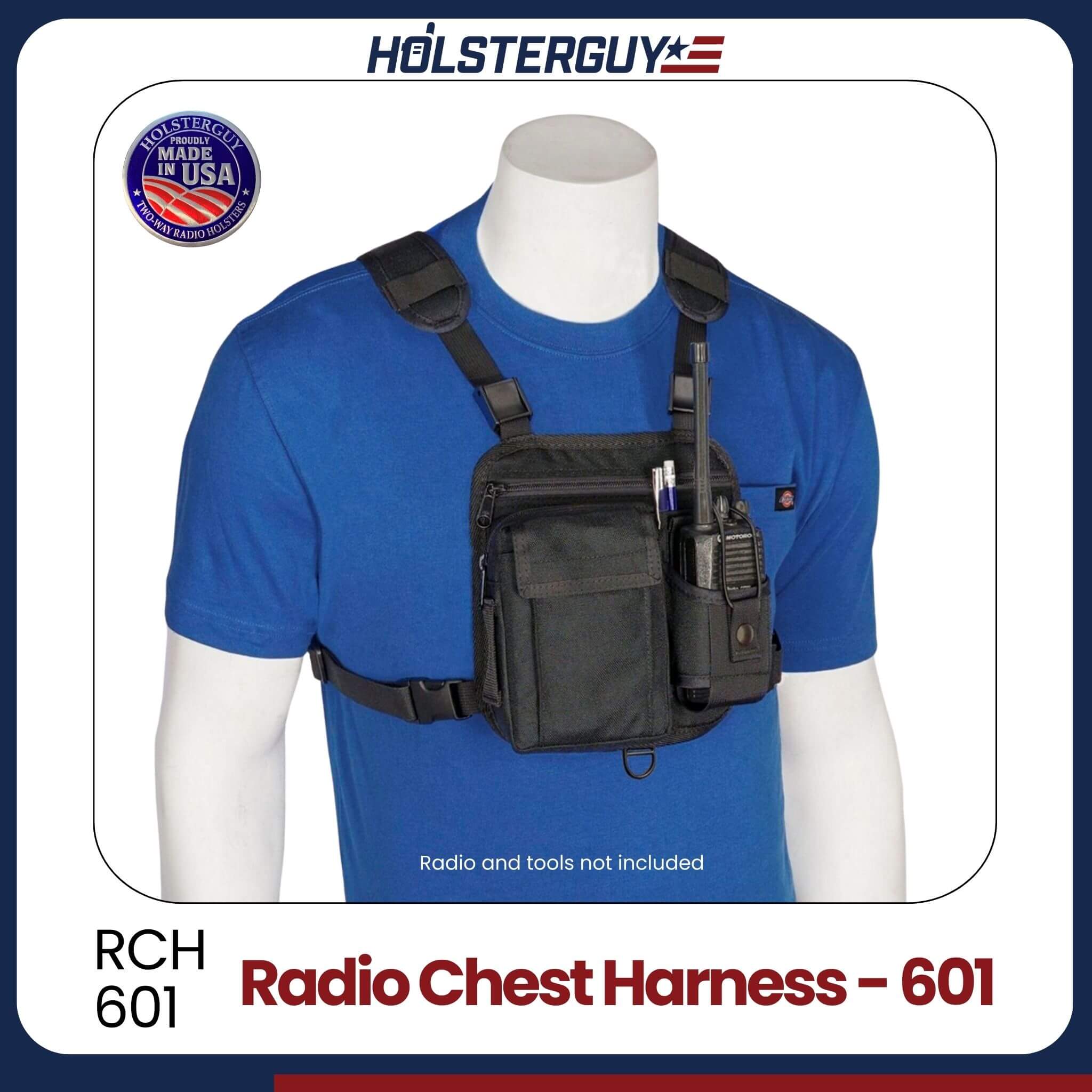 Black radio chest harness 601 on a mannequin with 'HOLSTERGUY' branding.