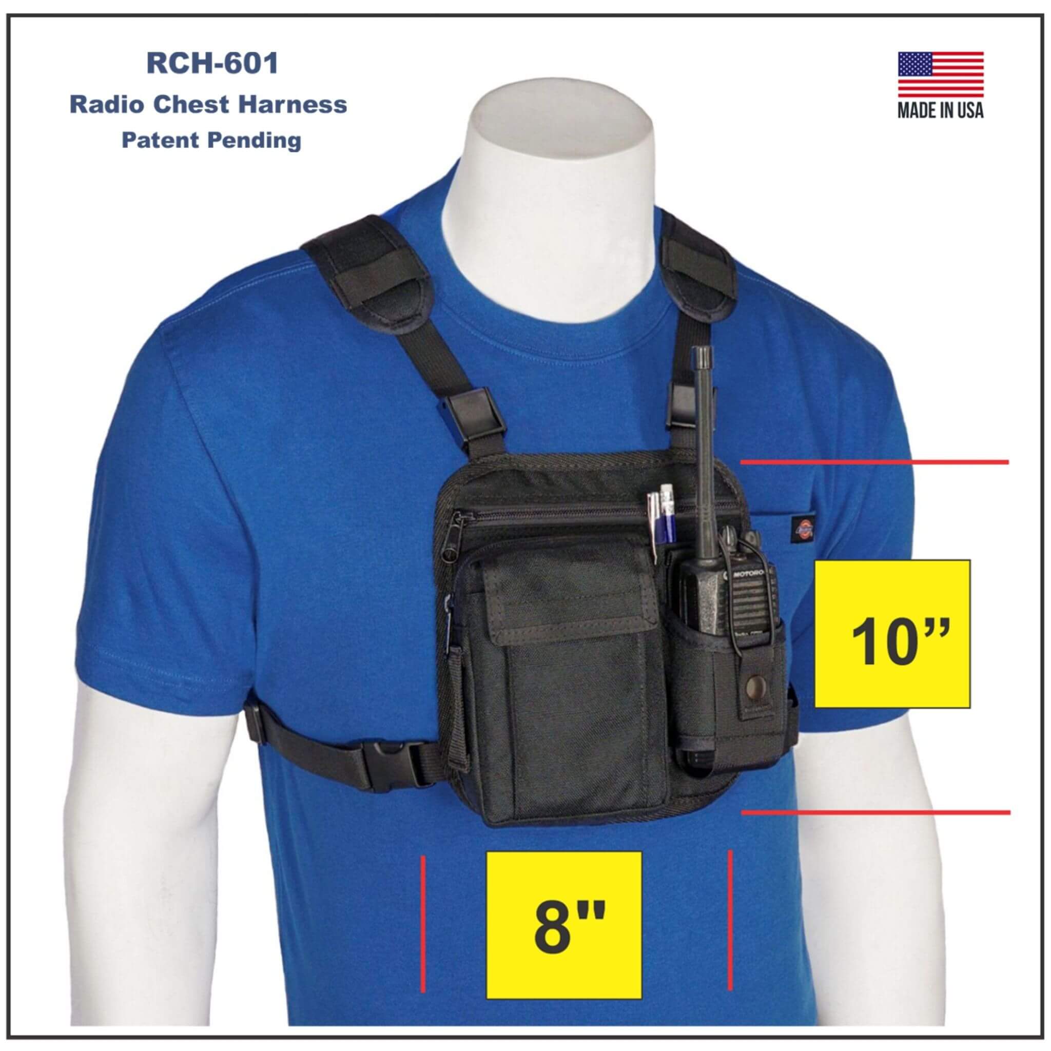 Black radio chest harness 601 on a mannequin with measurements indicated, made in USA.