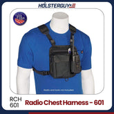 Black radio chest harness 601 on a mannequin with 'HOLSTERGUY' branding.