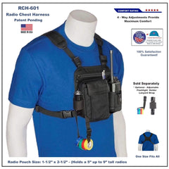 Radio chest harness 601 on a mannequin with product details and branding.
