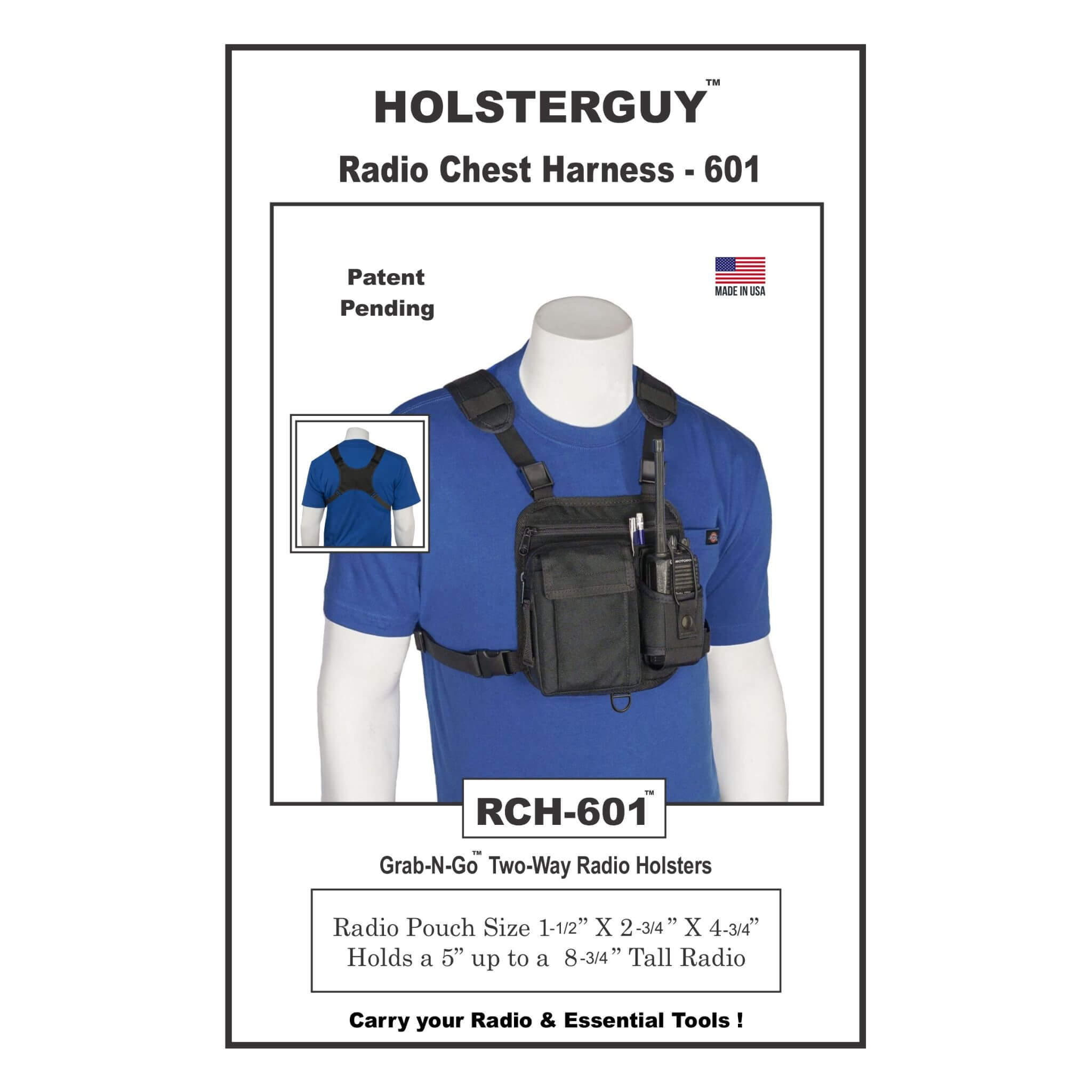 HolsterGuy Radio Chest Harness 601 on a mannequin with blue shirt and text details.