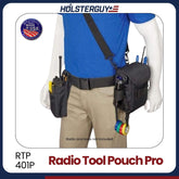 Mannequin wearing a Holsterguy Radio Tool Pouch Pro RTP-401P with tools and a radio on a white background.