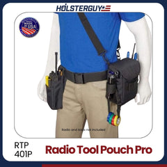 Mannequin wearing a Holsterguy Radio Tool Pouch Pro RTP-401P with tools and a radio on a white background.