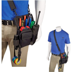 Person wearing a tool belt Radio Tool Pouch RTP-401 with various tools and a mannequin in a blue shirt and beige pants with a tool belt.