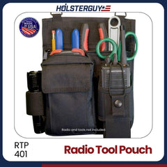 Radio tool pouch RTP-401 with various tools and a radio, branded 'HOLSTERGUY'.