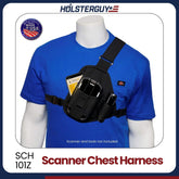 Mannequin wearing a blue shirt with a black scanner chest harness, featuring the Hölsterguy brand.