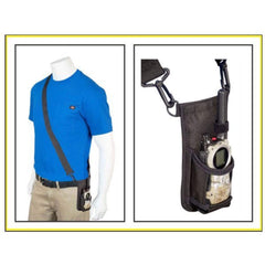 Mannequin wearing a blue shirt with a SSRH-500L black strap and a close-up of a tactical pouch with a device.