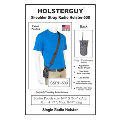 HolsterGuy shoulder strap radio holster 500 product packaging with mannequin and radio display.
