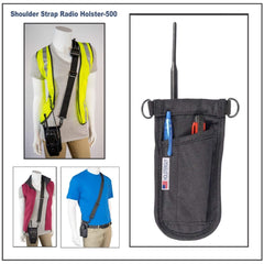 Shoulder strap radio holster 500 with mannequin display and product close-up on a white background