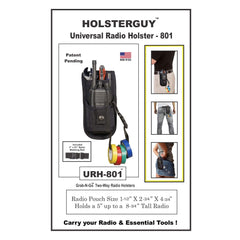 HolsterGuy Universal Radio Holster 801 product packaging with images of usage and specifications.
