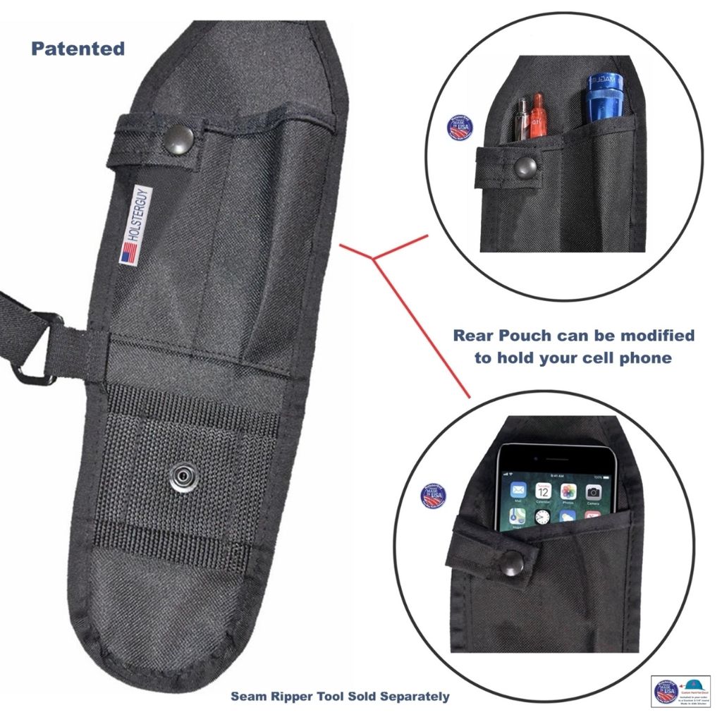 Close up look of the black universal radio holder with multiple pouches and a patent label on a white background