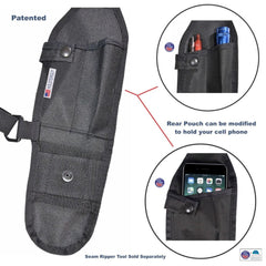 Close up look of the black universal radio holder with multiple pouches and a patent label on a white background
