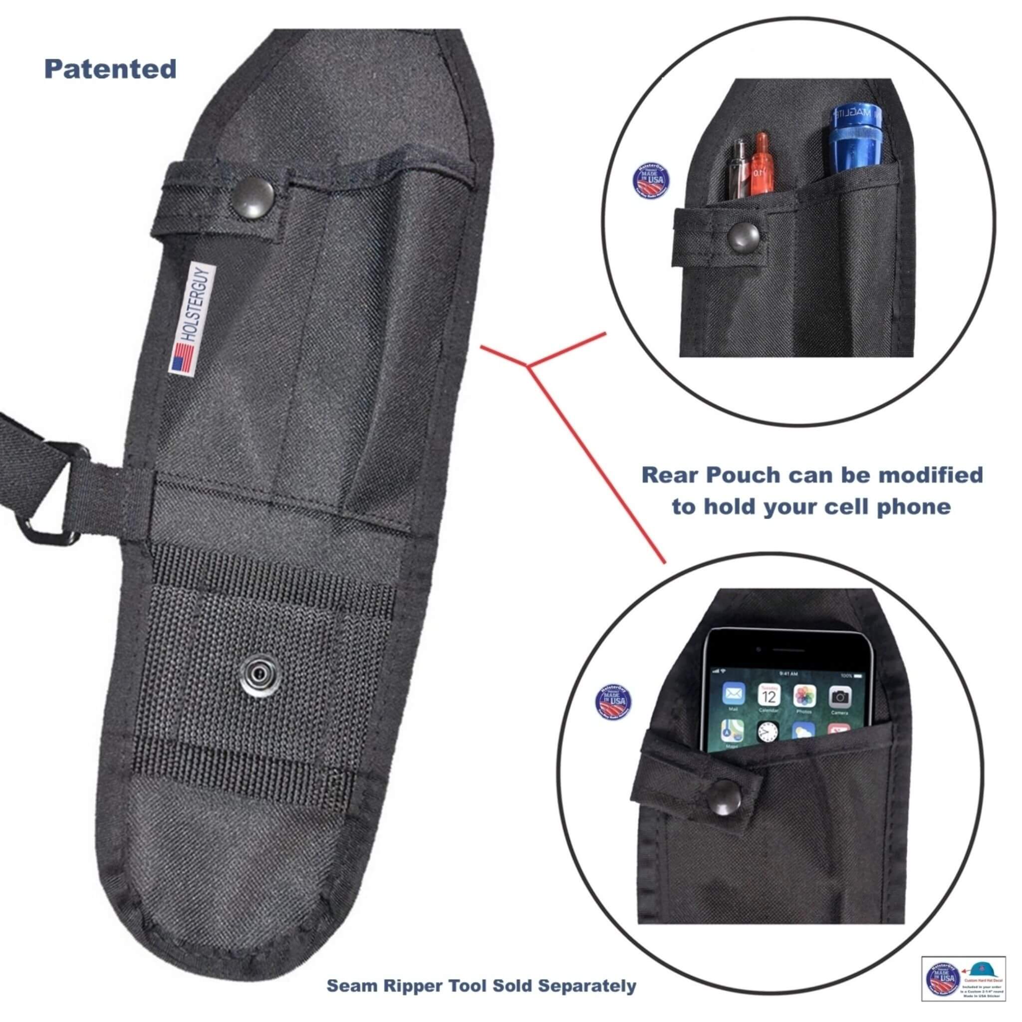 USH-300L Black tool belt with pockets, showing a phone in one of the pockets, on a white background.
