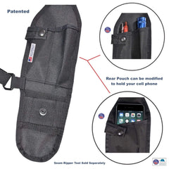 USH-300L Black tool belt with pockets, showing a phone in one of the pockets, on a white background.