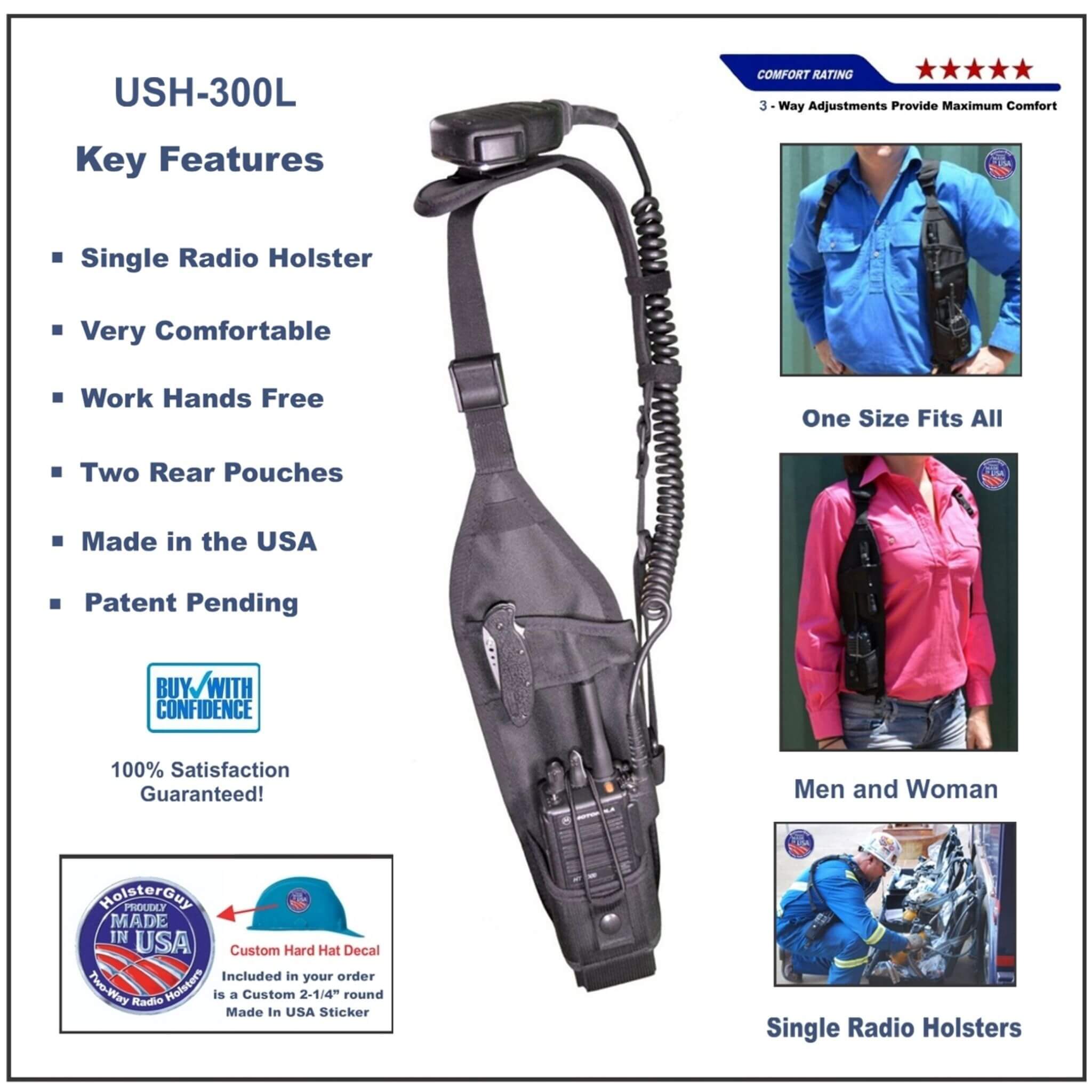 Single radio holster USH-300L with key features listed on a white background
