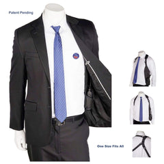 Mannequin wearing a black suit with a blue tie and a black crossbody bag USH-300L, with additional images of the product.