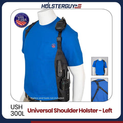 HolsterGuy Universal Shoulder Holster USH-300L on a mannequin with blue shirt, featuring the brand logo.