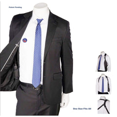 Black suit with blue tie on a mannequin against a white background wearing universal radio holster 300R