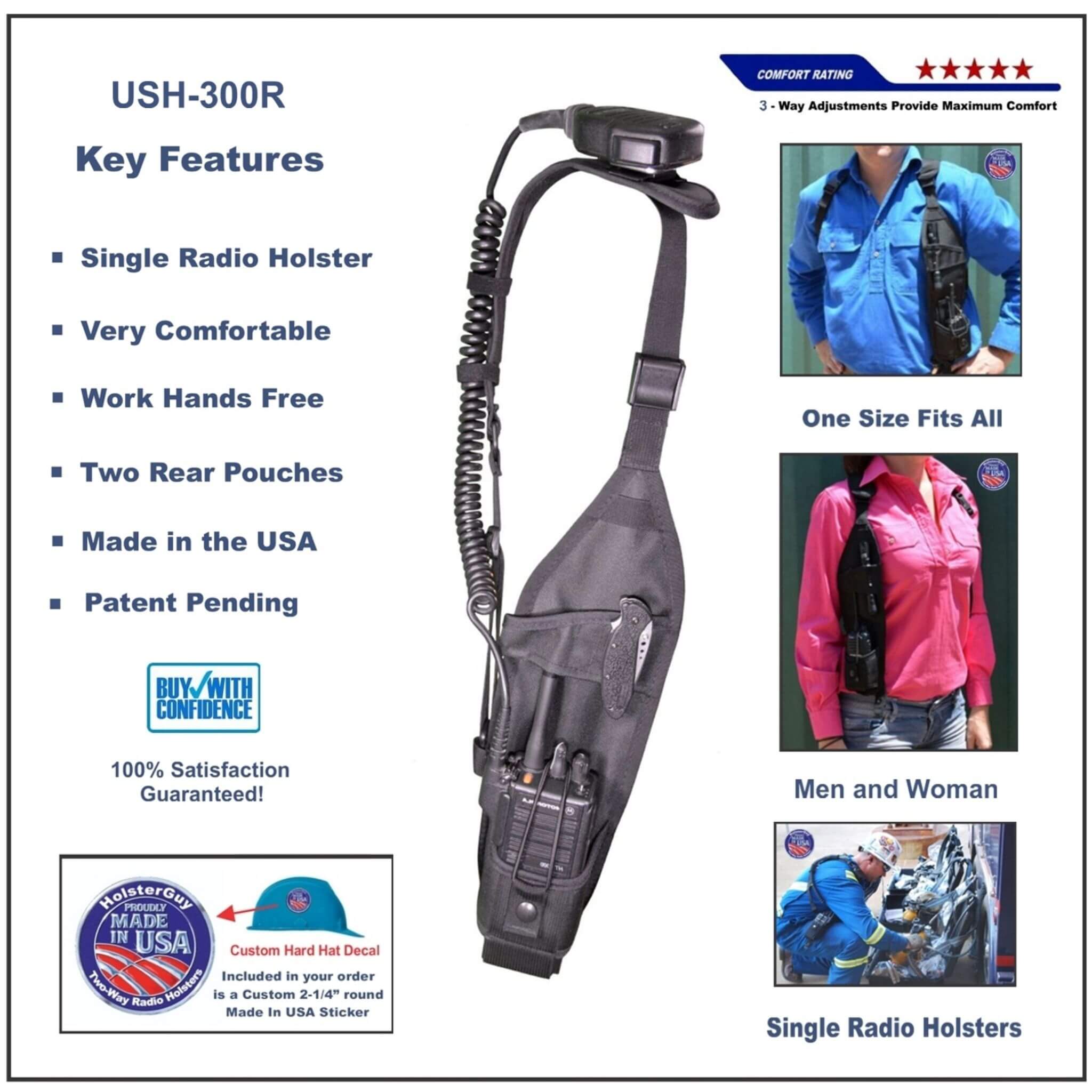 Single universal shoulder radio holster 300R with key features listed on a white background