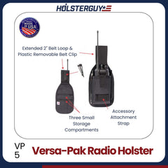 HolsterGuy Versa-Pak Radio Holster VP-5 with features highlighted on a white background