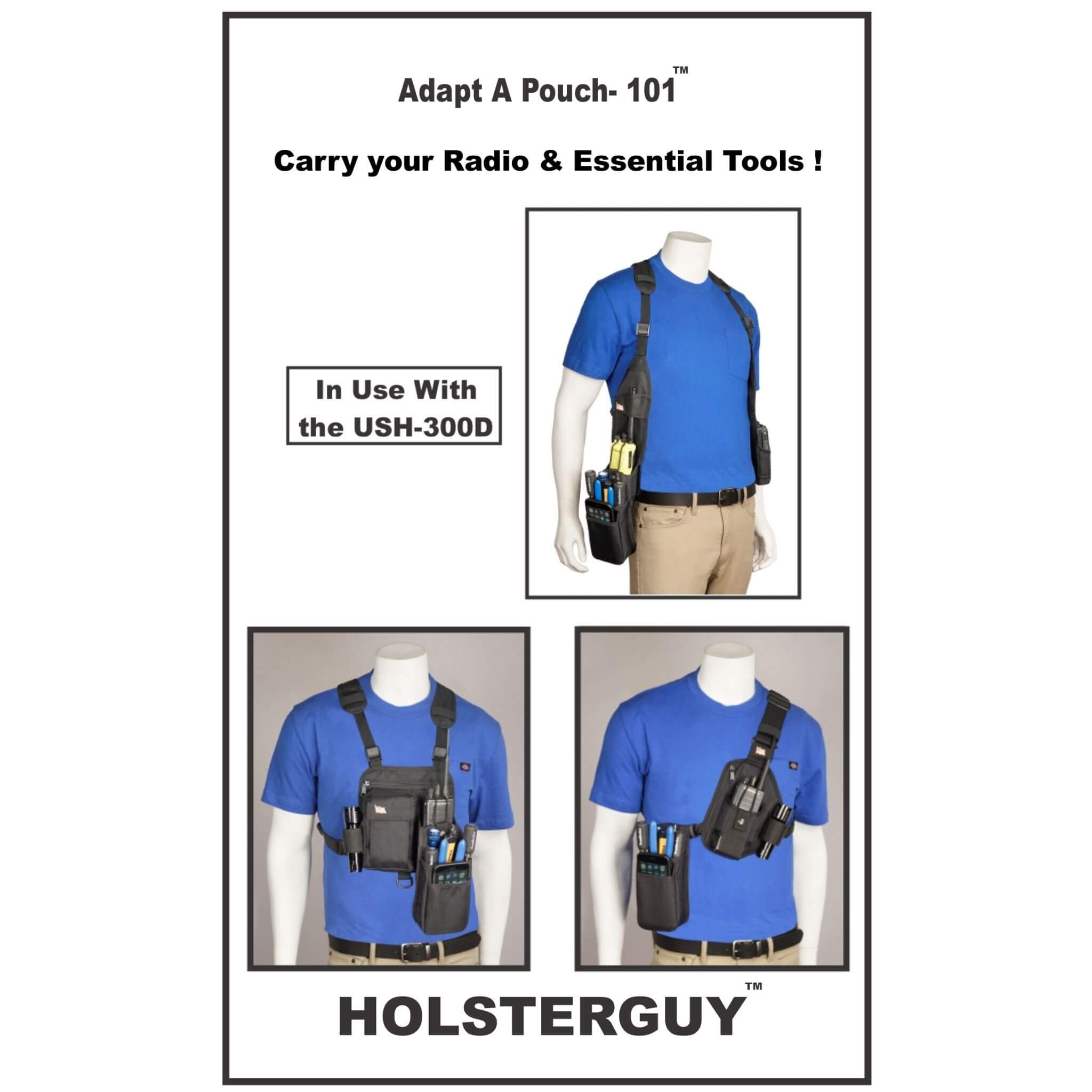Advertisement for a HolsterGuy Adapt A Pouch 101 with mannequin display and text.