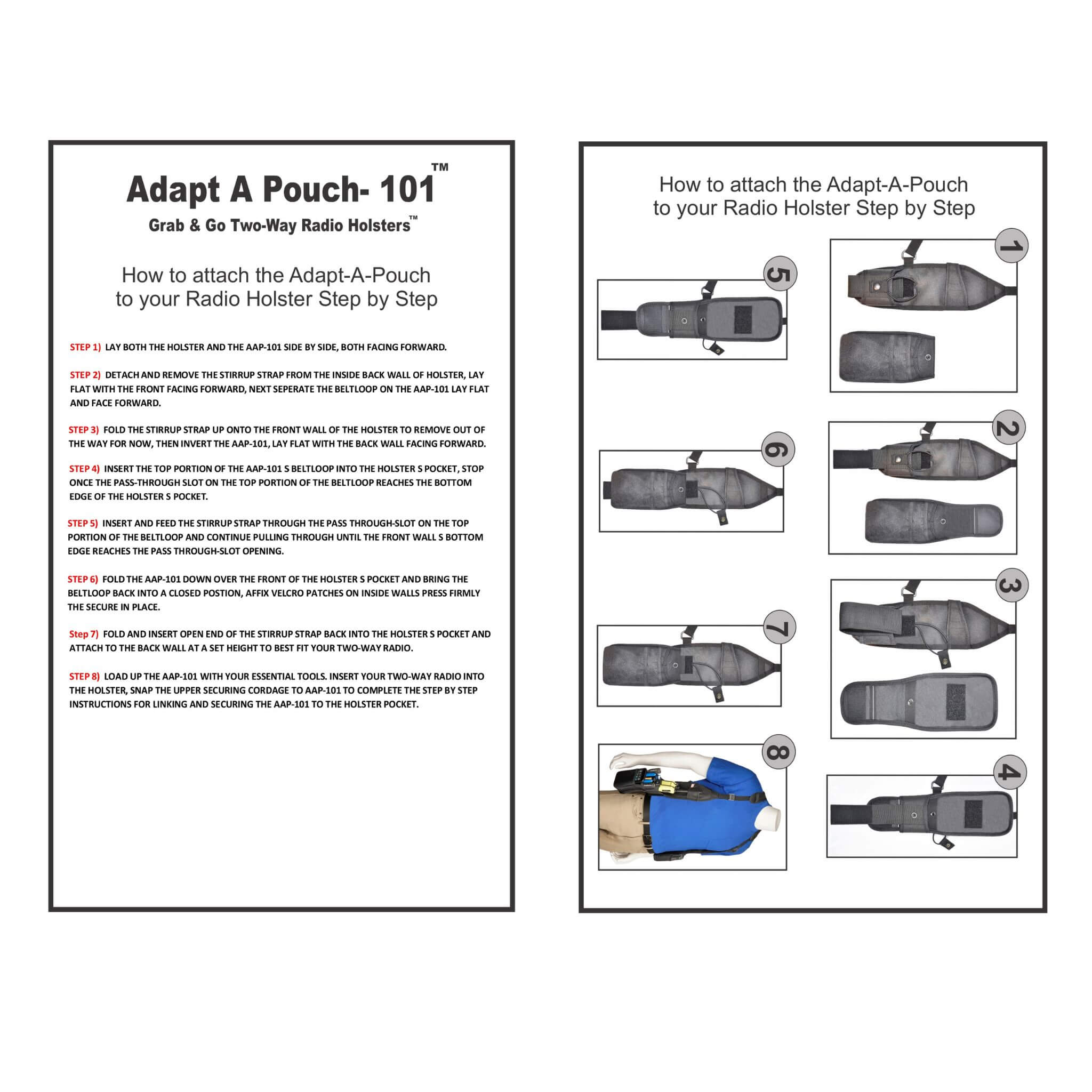 Instructions for attaching an Adapt A Pouch 101 to a radio holster with diagrams.