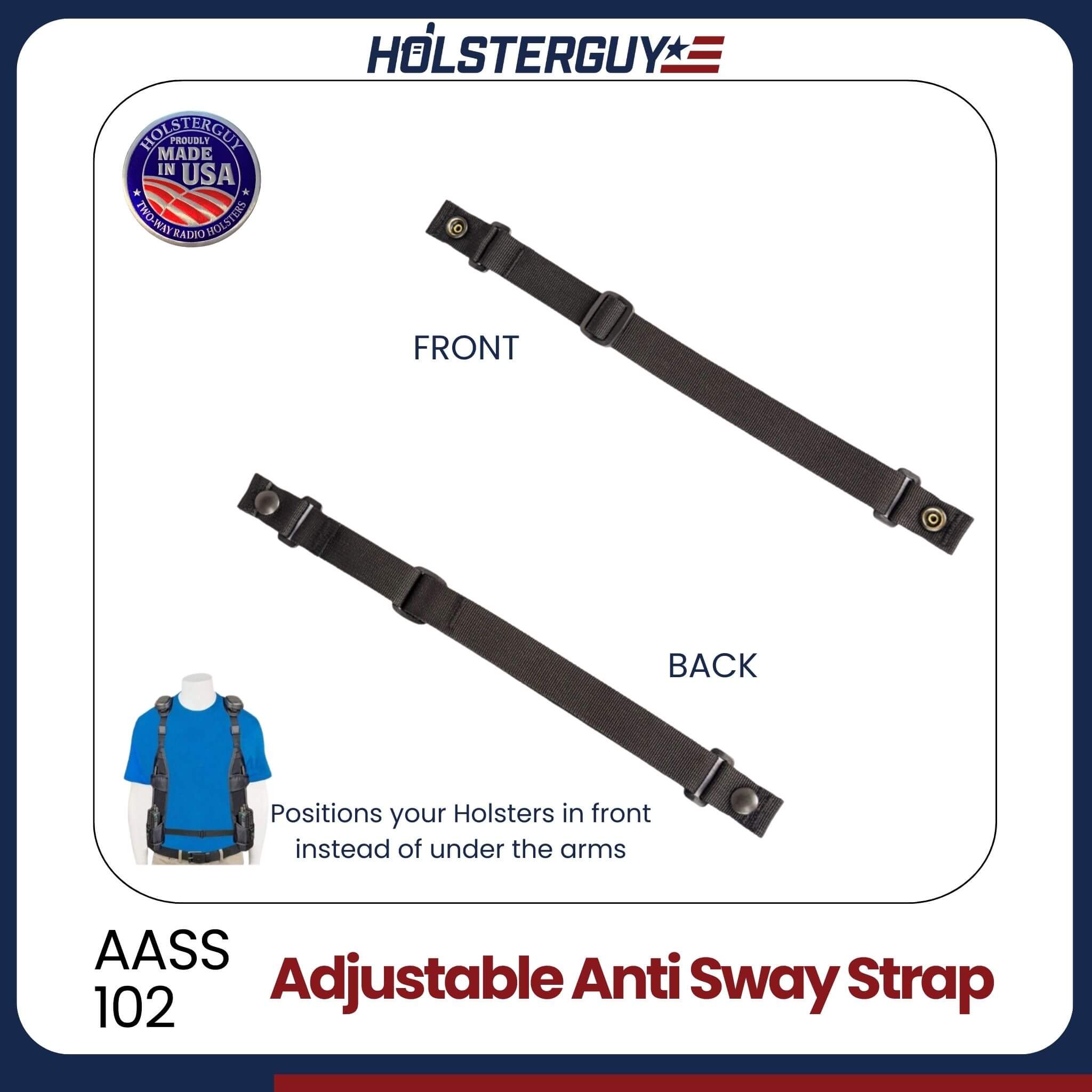 HolsterGuy adjustable anti-sway strap 102 with front and back labels on a white background