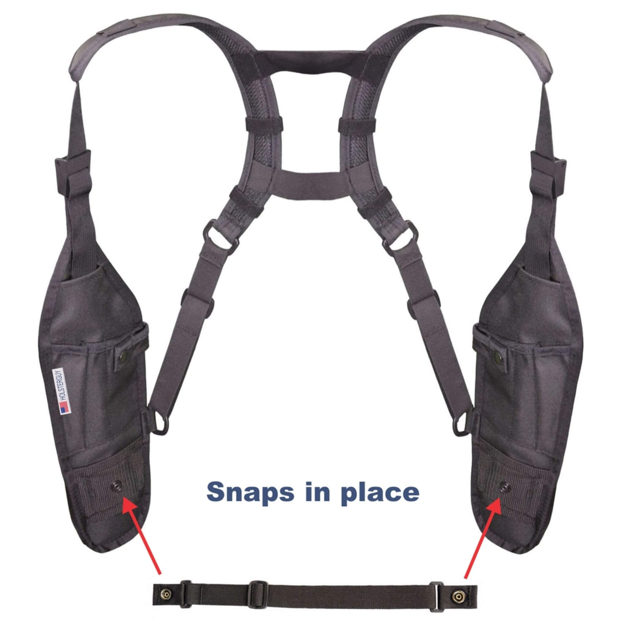Black tactical vest radio chest harness with shoulder pads and AASS-102 strap, showing snap mechanism.