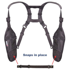 Black tactical vest radio chest harness with shoulder pads and AASS-102 strap, showing snap mechanism.