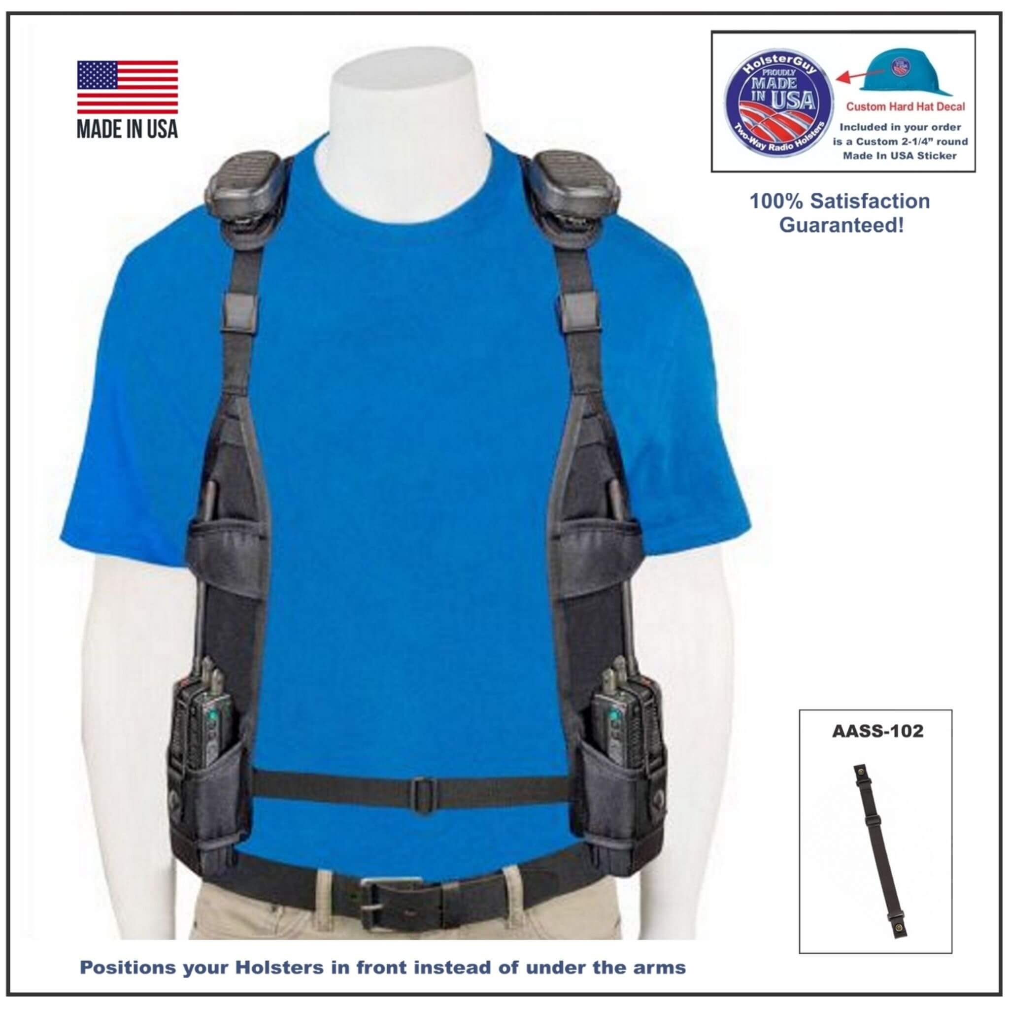 Black tactical radio chest harness vest with AASS-102 strap on a mannequin with a blue shirt, featuring USA-made label and product details.