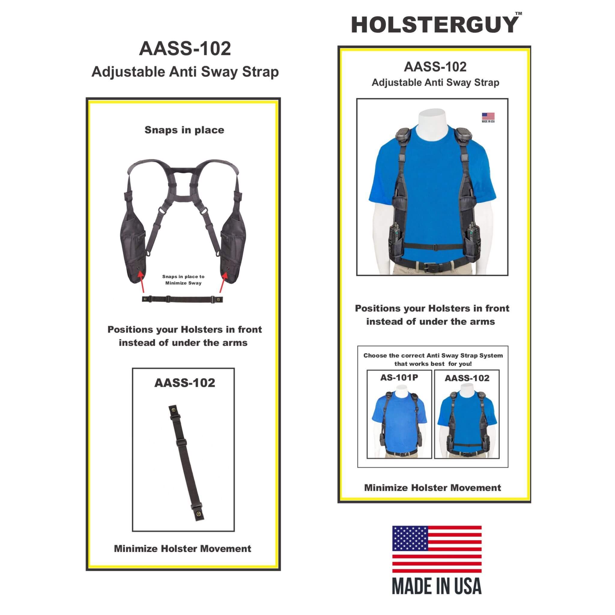 HolsterGuy adjustable anti-sway strap 102 product description with images and text on a white background.