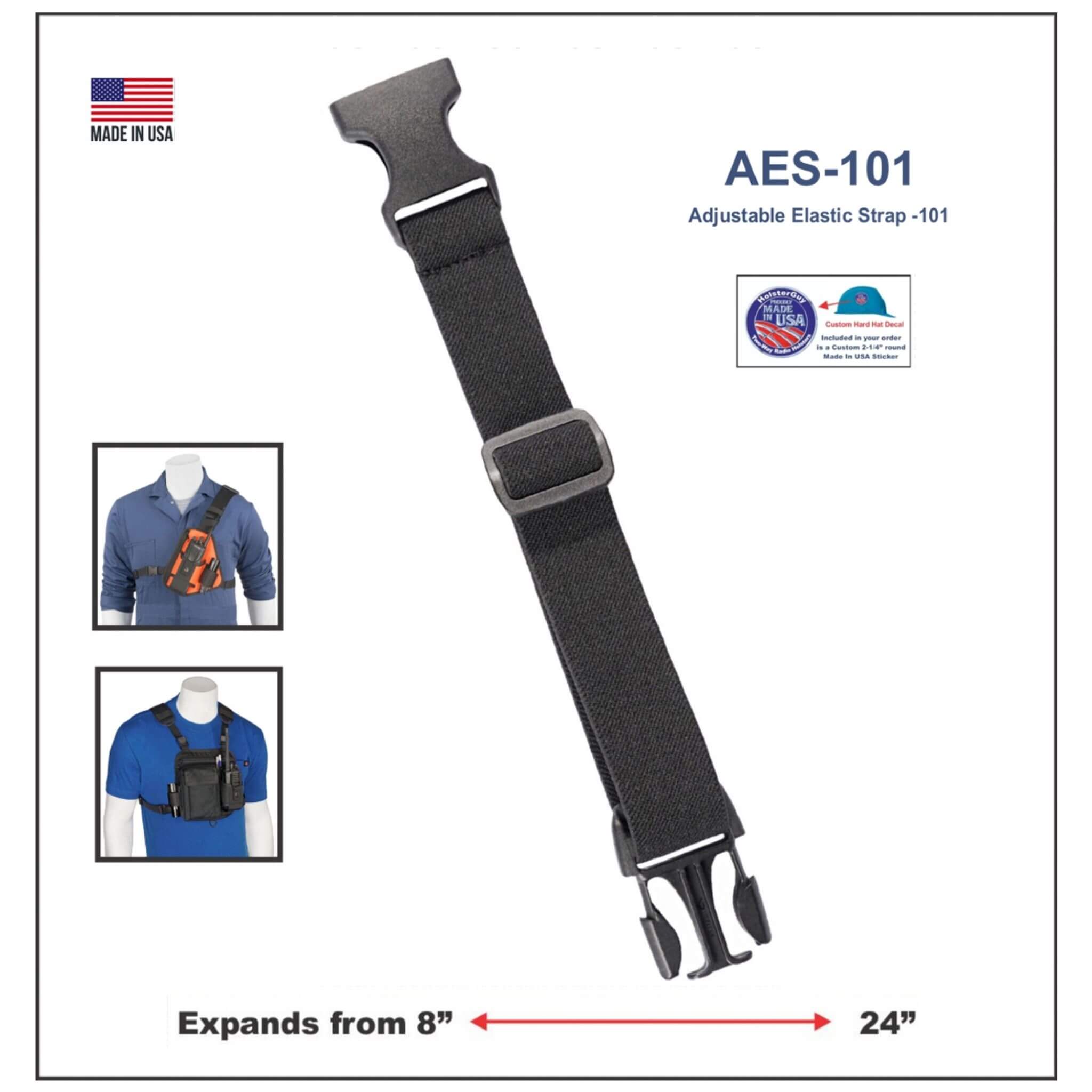 Black adjustable elastic strap 101 with a buckle on a white background, labeled AES-101.