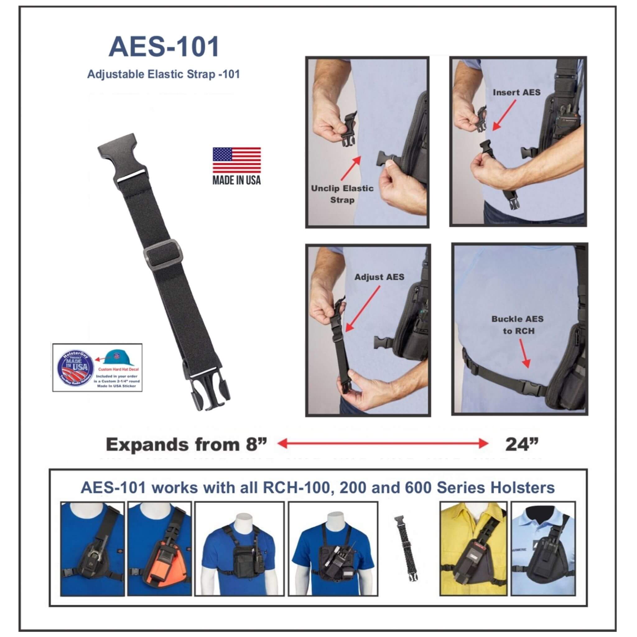 Adjustable Elastic Strap 101 (AES-101) with usage instructions and compatibility information.