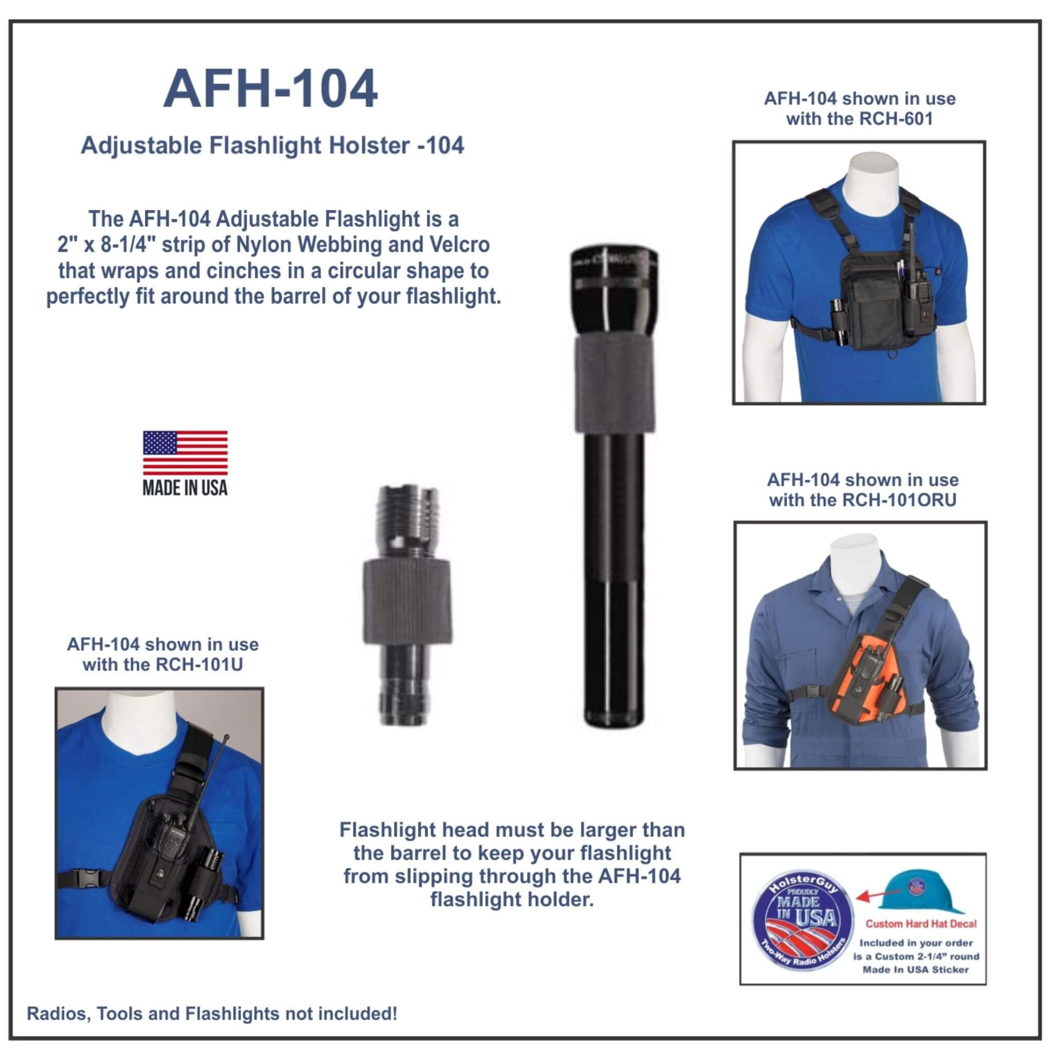 AFH-104 Adjustable Flashlight Holster product description with images of usage on mannequins.