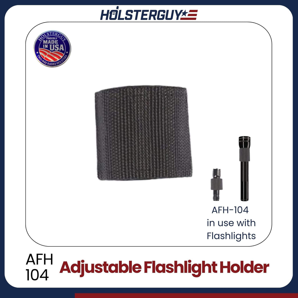 HolsterGuy adjustable flashlight holder 104 with black strap and flashlight attachment on a white background