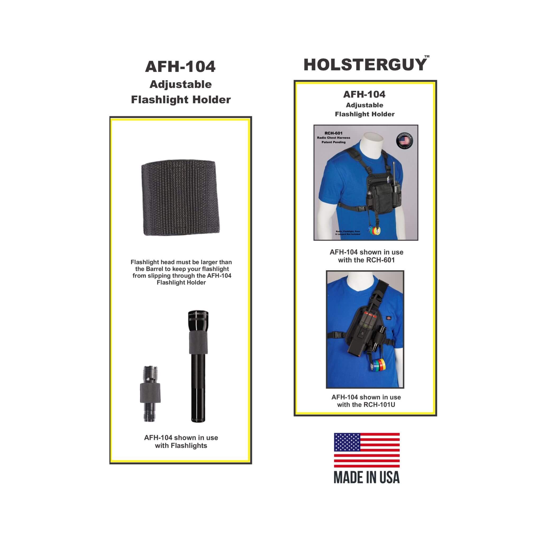 HolsterGuy AFH-104 adjustable flashlight holder with product details and usage examples on a white background.